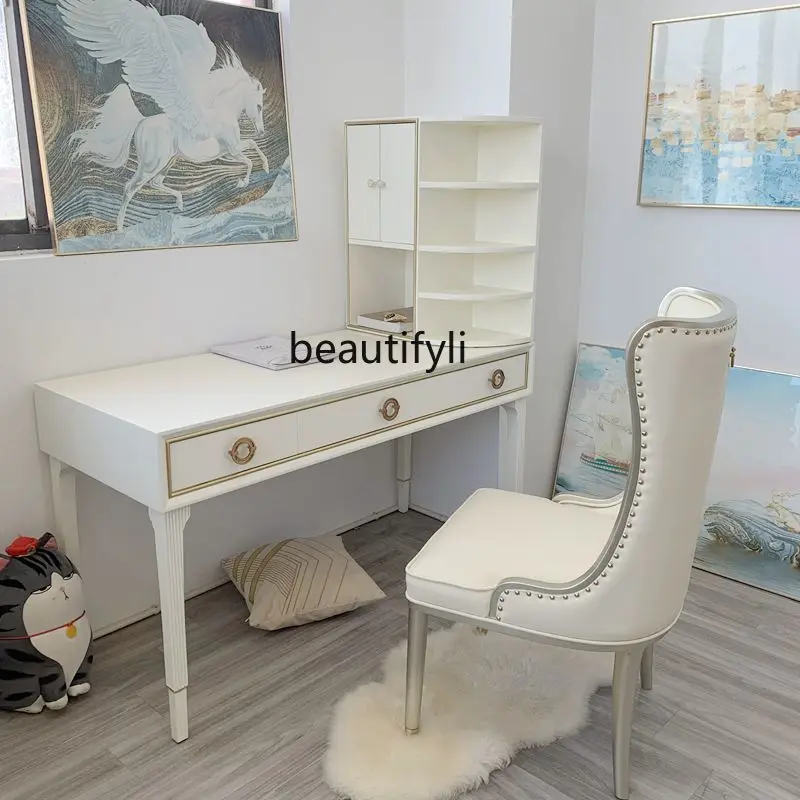 

American Desk Solid Wood Desk with Bookshelf Desk White Chair Combination Computer
