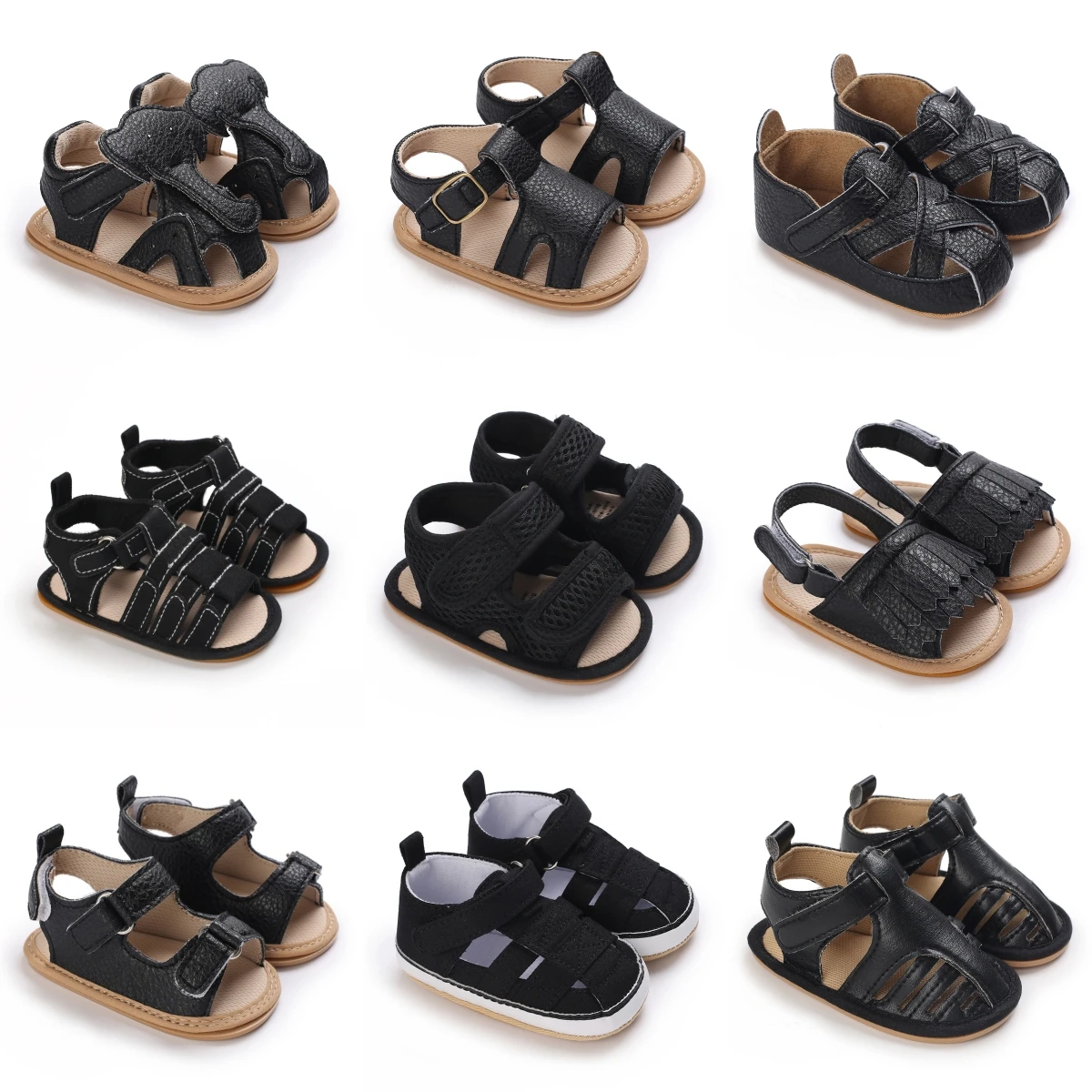 

0-18M Summer Boys and Girls Black Fashion Summer Soft Crib Shoes First Walker Soft Rubber Sole Anti slip Sandals Soft Sole Shoes