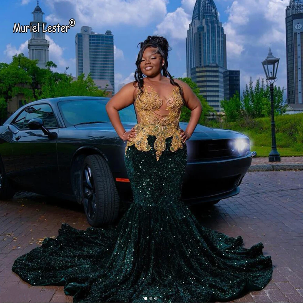 

Luxury Green Mermaid Evening Dresses Black Girls Gold Beads Appliques O Neck Illusion Women Formal Party Prom Gowns Female Dress