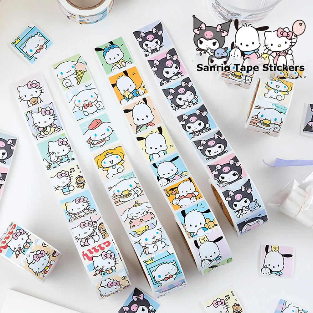 

200pcs Sanrio Tape Seal Stickers Roll of Nine Patterns Hello Kitty Kuromi Pachacco Decorative DIY Envelope Seal Stickers