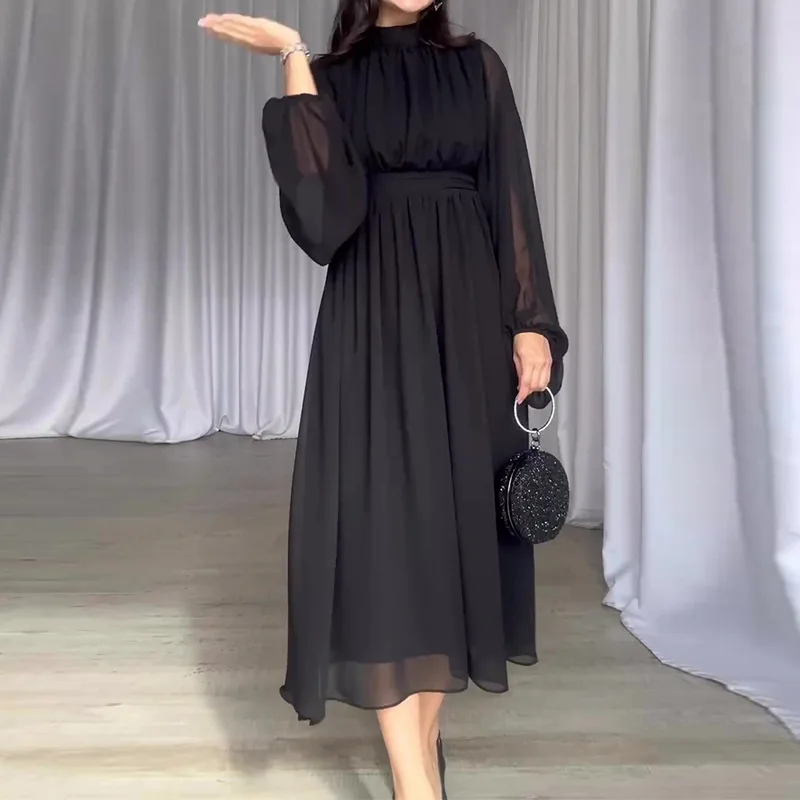 

Autumn New Pure Color Fashion Mesh Patchwork Elegant Dress Qins