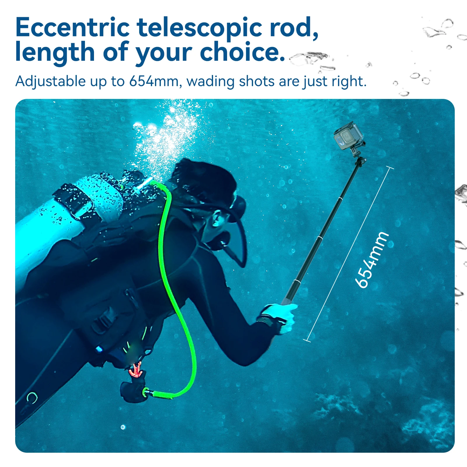 TELESIN 휴대용 녹 방지 셀카봉, 3 턱 어댑터 포함, Insta 360 DJI GoPro 12 11 10 9 8 7 6 5 4/3 호환, 25.7 인치