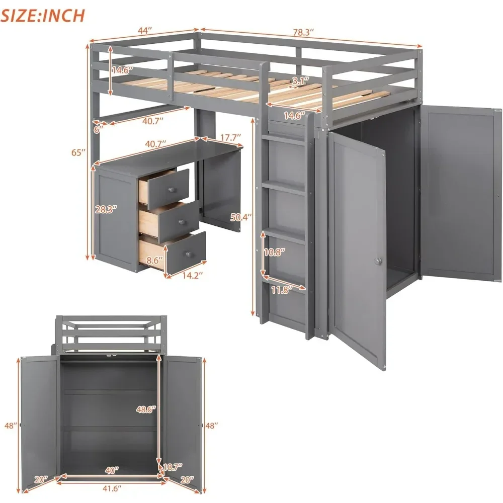 Twin Size Loft Bed Solid Wooden Loft Bed Frame with Drawers,Desk,and Wardrobe & Safety Guardrail for Kids, Boys and,GirlsTeens 2