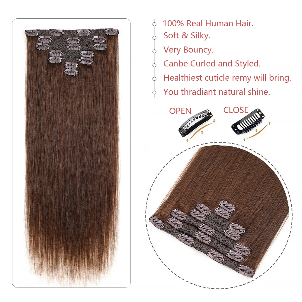 Brown Clip In Hair Extensions 100% Human Hair Clip Brazilian Remy Hair Extensions For Women Clip-On HairPiece 12 to 18 Inch #4