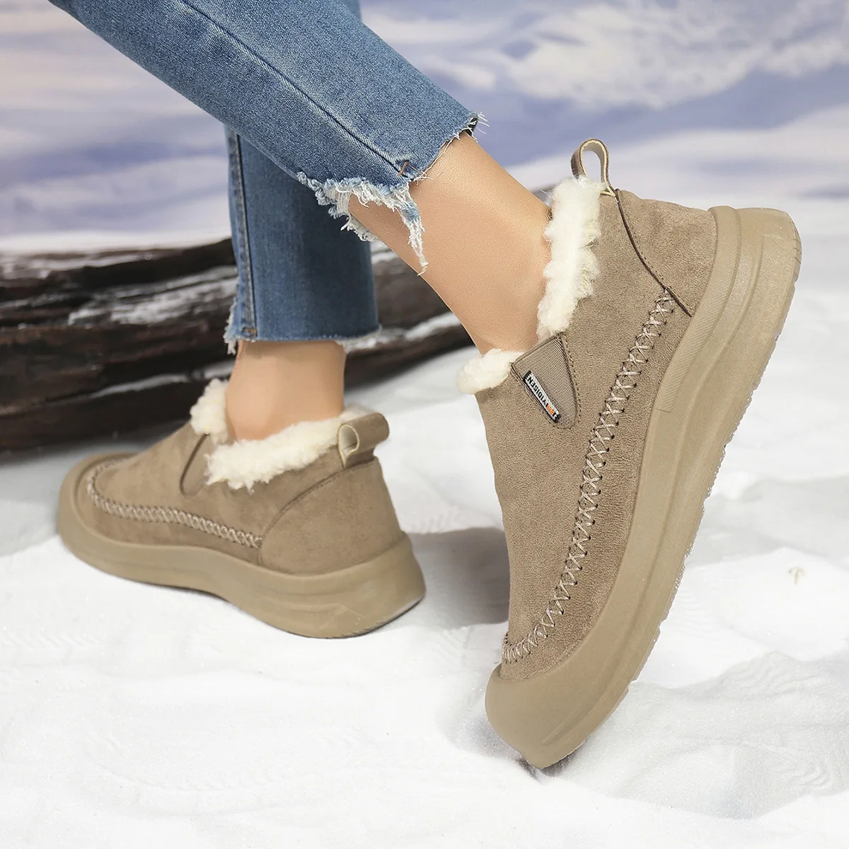 Damen-Slip-on-Baumwollschuhe, 2025, Winter, neuer Plüsch, verdickt, Outdoor, lässig, warme Schuhe, modisch, Vintage, rutschfest, bequem, Schneestiefel – Detail 9