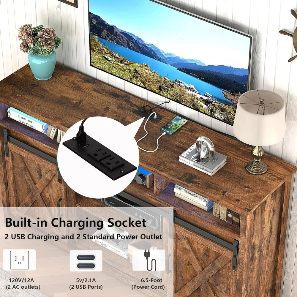 57” Wooden Farmhouse TV Stand for 60/65 inch TV,Double Layer Storage Entertainment Center TV Console Table,w Doubl 2