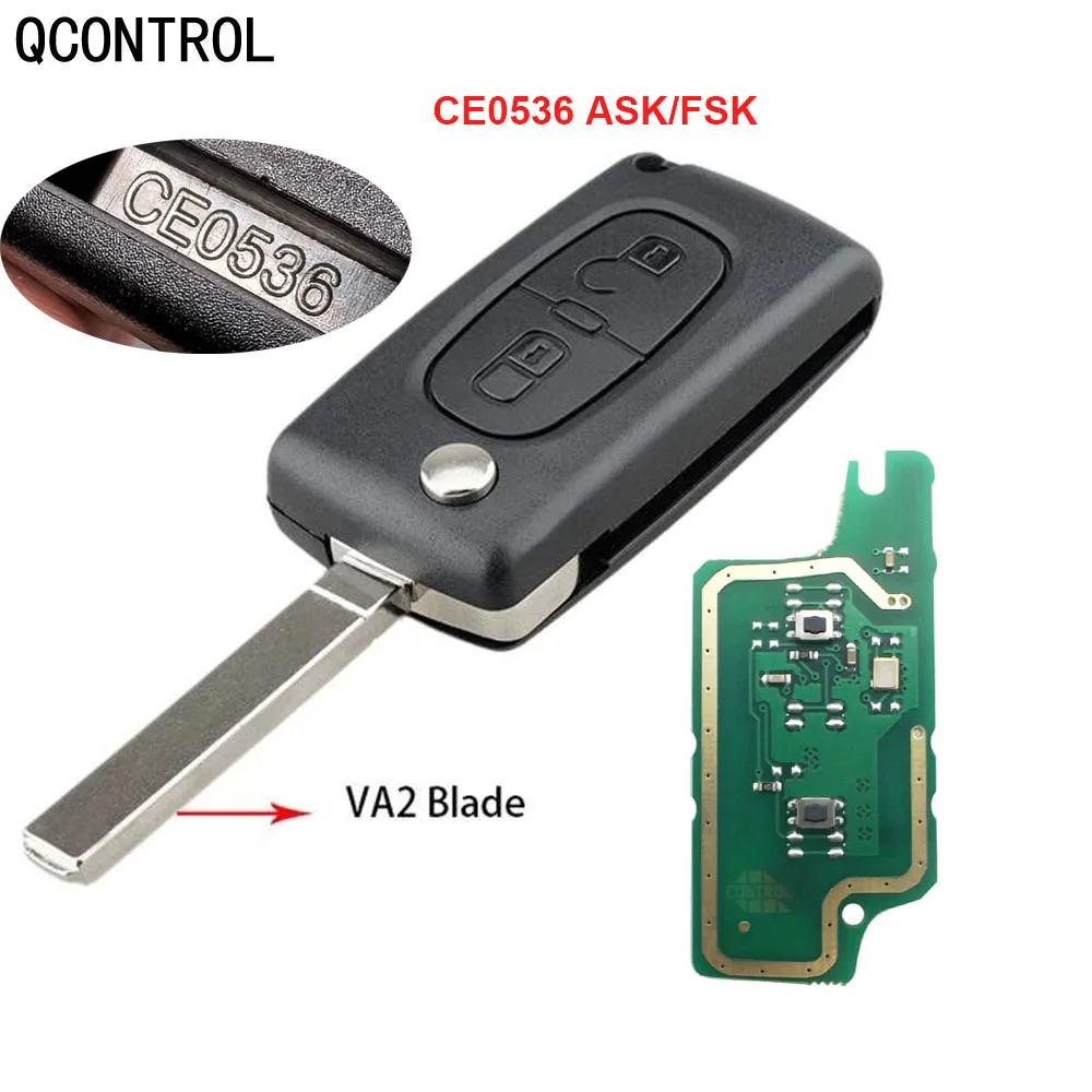 รีโมทรถยนต์แบบพับได้ QCONTROL CE0536 รุ่น 207 307 308 ปุ่มกด 2 ปุ่ม ความถี่ 433mhz ใบมีดกุญแจ VA2 สำหรับรถยนต์ Peugeot Citroen