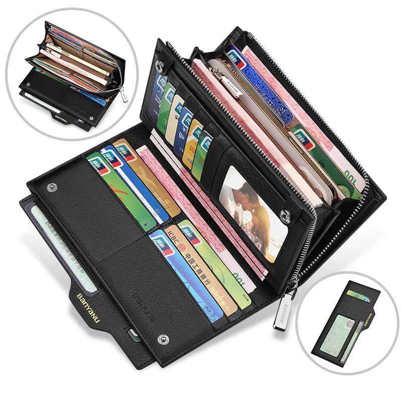 BanYaNu Genuine Leather Business Men Wallet Long Large-Capacity Clutch Bag ID Credit Card Holder Luxury Brand Wallets for Man
