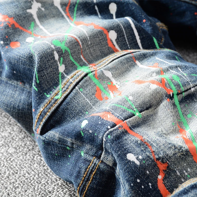 Street Fashion Men Jeans Retro Blue Stretch Slim Fit Painted Ripped Jeans Men Spliced Designer Hip Hop Denim Biker Pants Hombre men jeans ripped jeans ripped patchwork jeans
