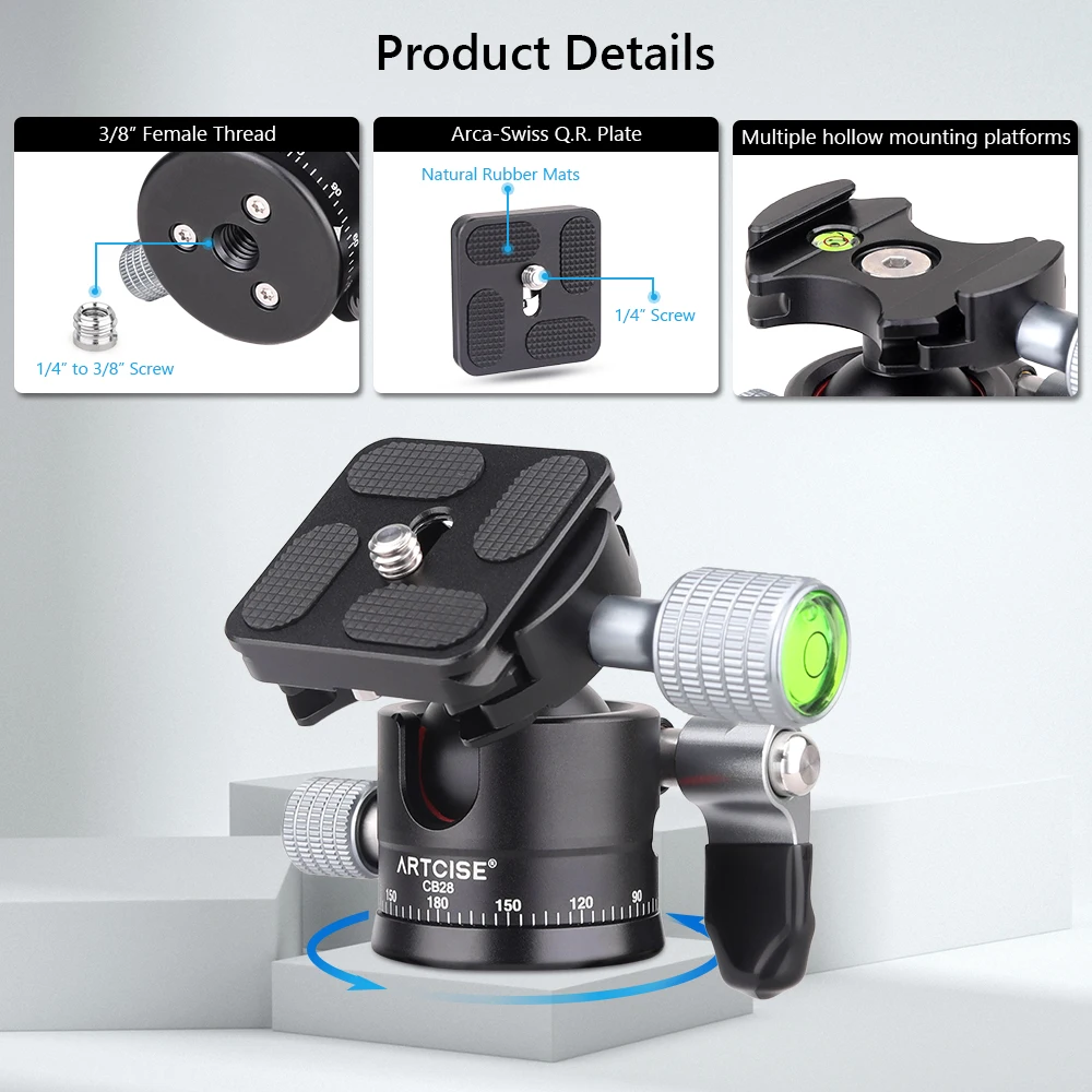ARTCISE CB28 Low Profile 360 Panoramic Photography CNC Metal Professional Universal 28mm Ballhead For Video DSLR Tripod Monopod