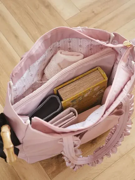 Japanese Style Waterproof Fabric Shoulder Tote Bags Pleated Handle Bow Yoga Ballet Floral Versatile Women's Bags