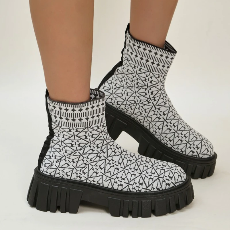 

Женские ботильоны на толстой подошве, удобные вязаные эластичные кроссовки, ботильоны уникального дизайна, большой размер 42, новинка весны 2023