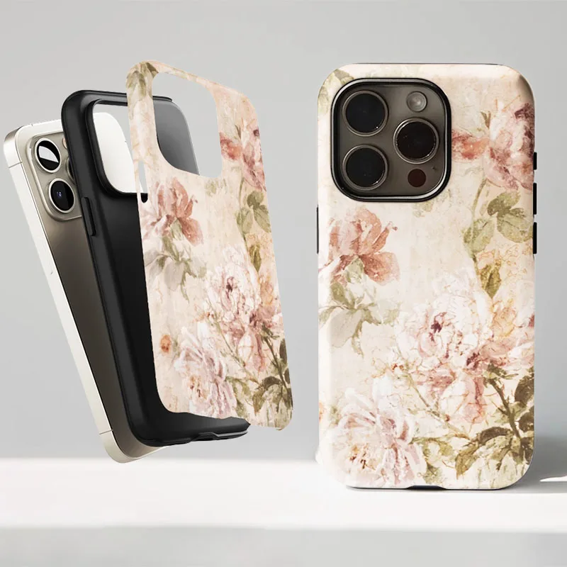 Retro Floral Dual-Layer Phone Case with Screen Protector