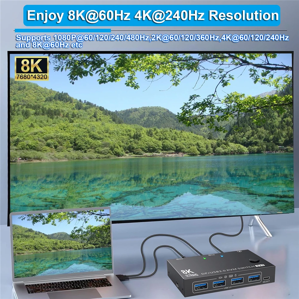 4K 240Hz DisplayPort KVM Switch 2 Port 8K 60Hz DP Video USB Switcher for 2 Deskt
