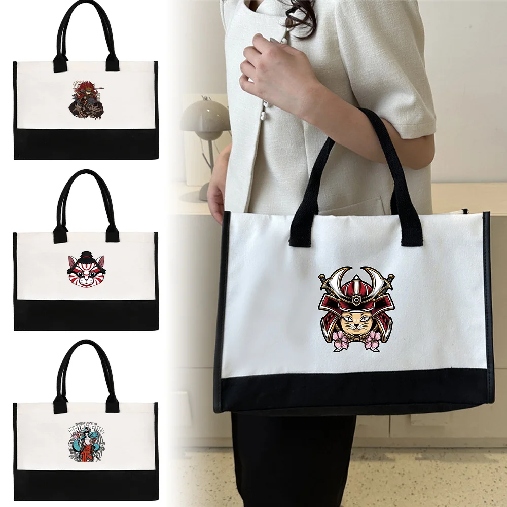 

New Portable Women's Handheld Shopping Bag Reusable and Environmentally Friendly Jute Shopping Samurai Series Printing Pattern