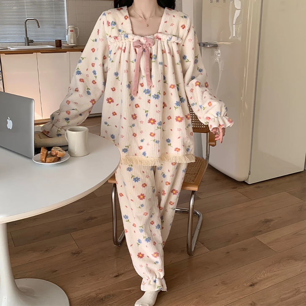 Square Collar Floral Long Sleeved Pullover Top+Loose Pants 2Pcs Women's Sleepwear Sets Winter New Flannel Girls Home Nightgown