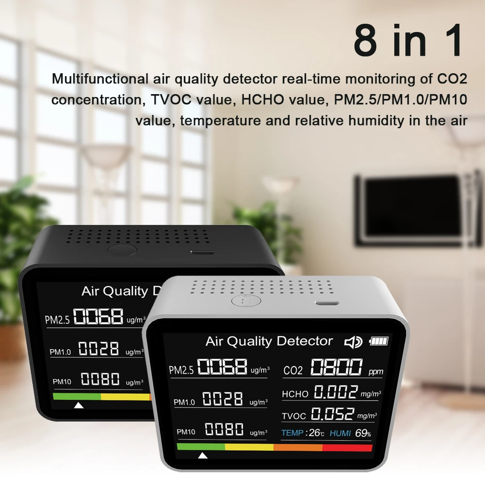   , µ   ˶ , Ȩ ǽ, CO2, 跮, CO2, TVOC, HCHO, PM2.5, PM1.0, PM10, 8 in 1