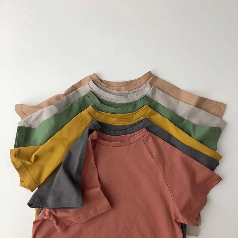 T Shirt Summer Kids T-shirts Solid Girls Tees Short Sleeve Tops Cotton Boys Korean Casual Children Clothes 1-9Y
