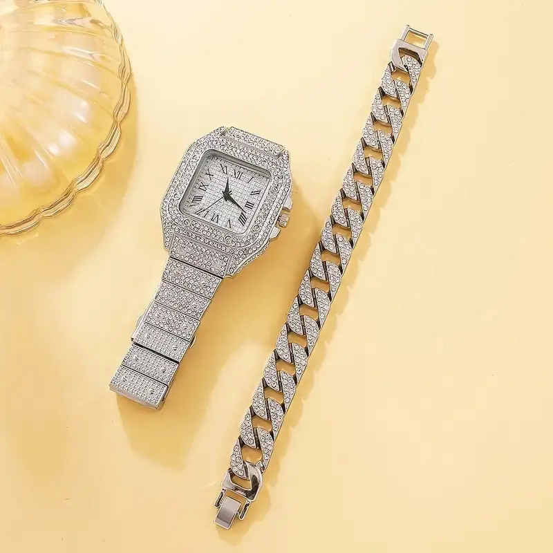 2Pcs Set Diamond Women Watches Gold Watch Ladies Wrist Watches Luxury Brand Rhinestone Womens Bracelet women watches