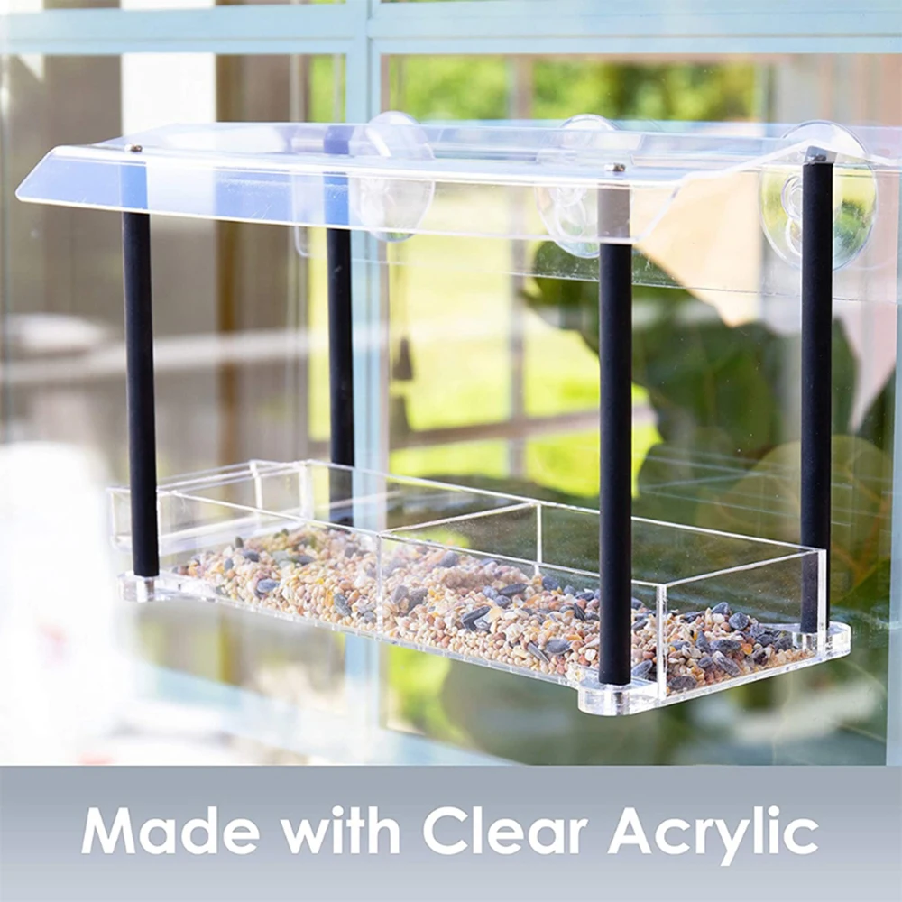 Window Bird Feeder, Large Size with Strong Suction Cups & Seed Tray, Separate Drinking-Water Sink & Wood Pillar Support, Weather