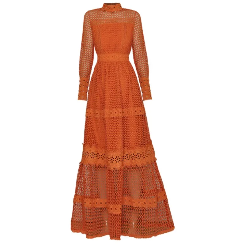 

Long Dress Runway Designers Spring Autumn High Quality New Women Celebrity Party Fashion Vintage Elegant Sexy Hollow Out Dresses
