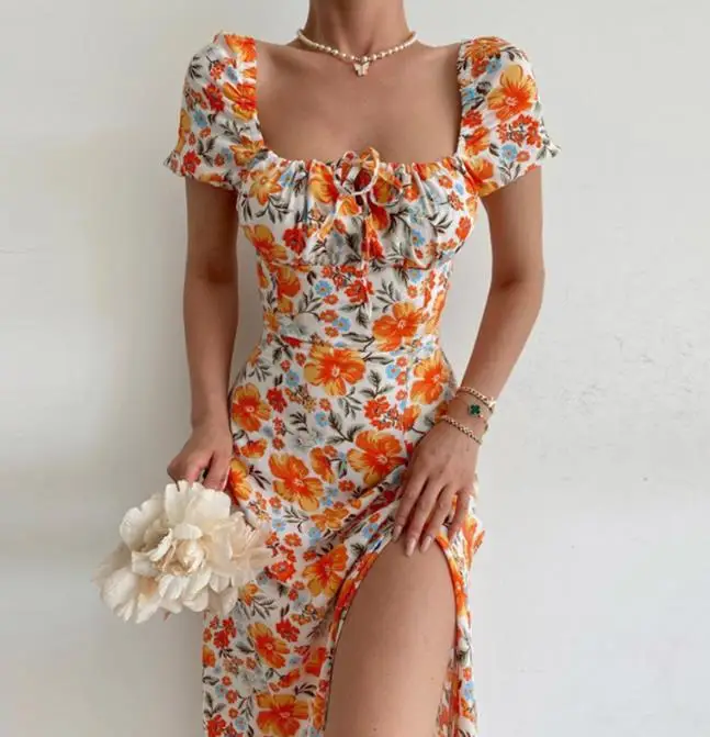 

Dresses for Women 2023 Summer Fashion One Line Neck Long Sleeve Printed Mid Sexy Sweet Dress Female Vestidos Clothes