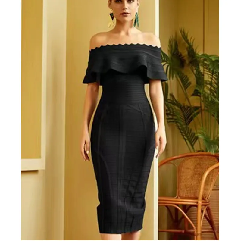 

Superior Quality Women Straight Shoulder Slim Bandage Dress Rayon Elegant FoldEdge Bodycon Long Style Celebrity Party Dress