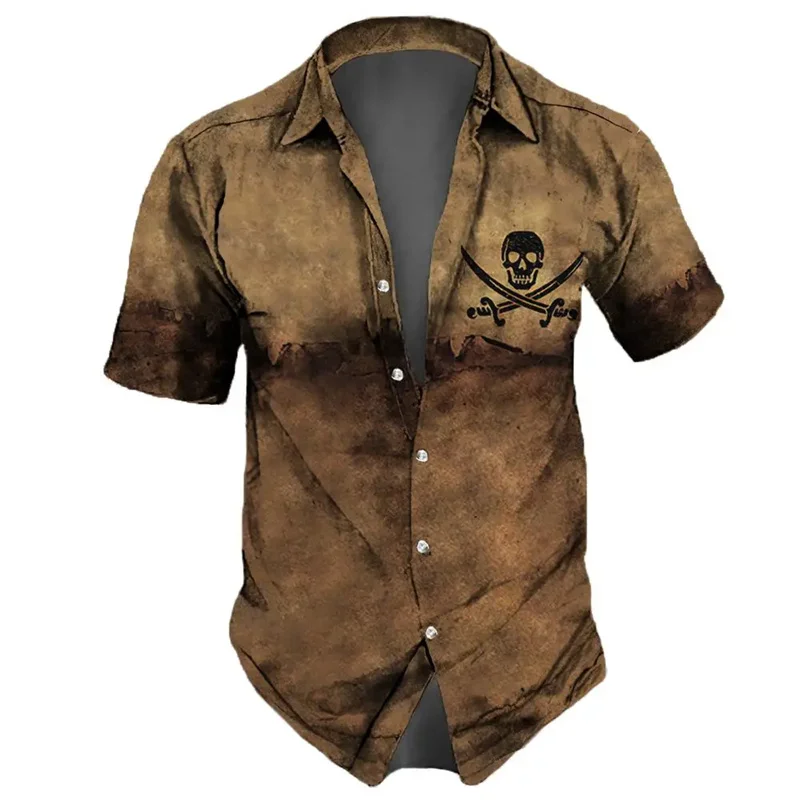 

2024 Men's Shirts Lapel Streetwear Vintage Shirt For Men Skull Hip Hop Short Sleeve Top Party Summer Casual Men Hawaiian Shirts