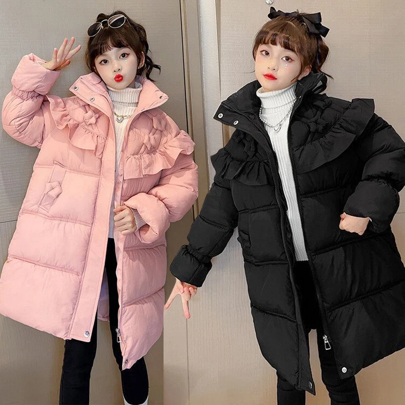 

2023 Winter Big Size Teenagers Girls JacketLong Solid Color Fashion Lapel Warm Windbreaker For 4-12Y Girls Down Cotton Outwear