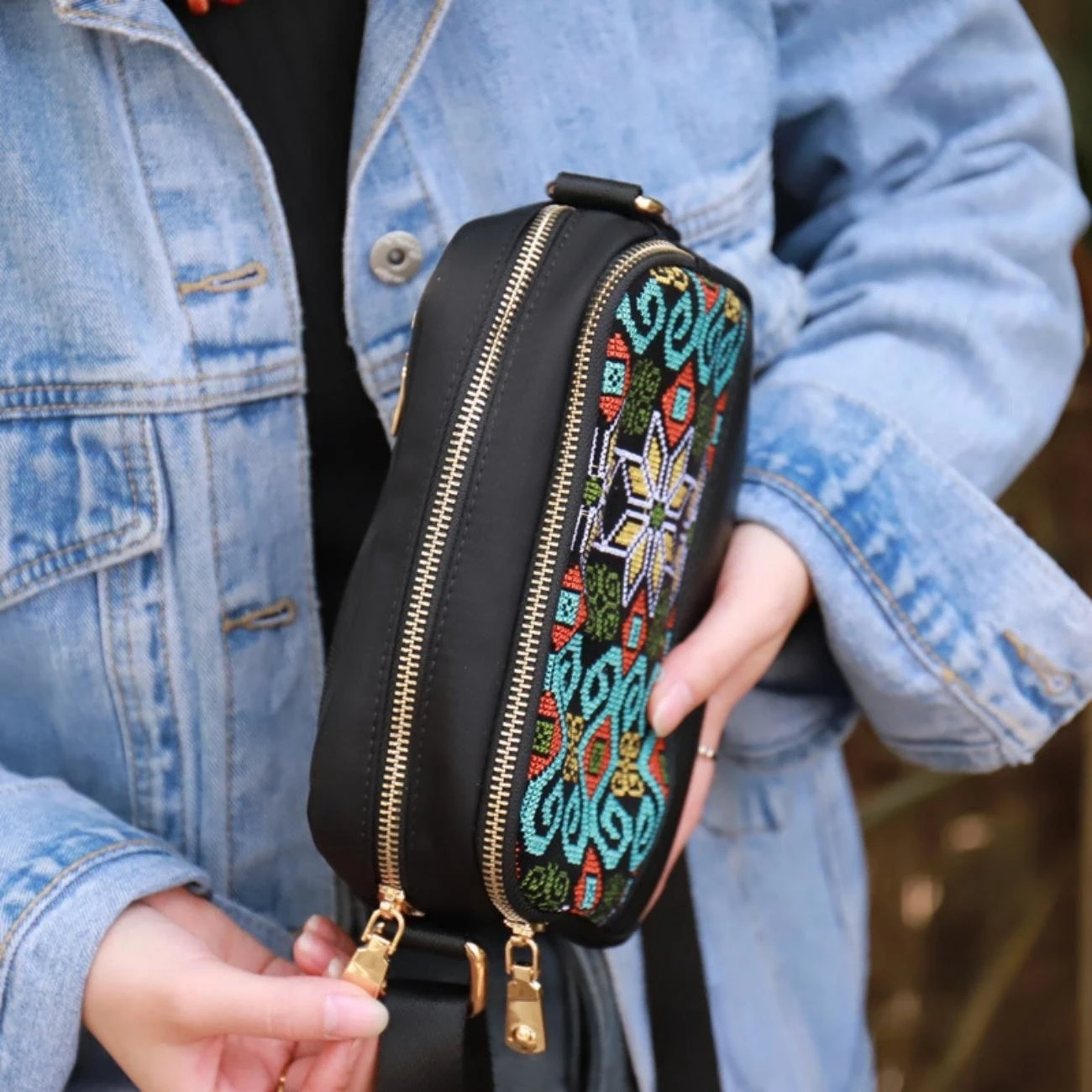 Ethnic Style Double Layer Embroidery Mobile Phone Bag Oxford Textile Art Women's Bag Lightweight Retro Embroidery Simple Fabric