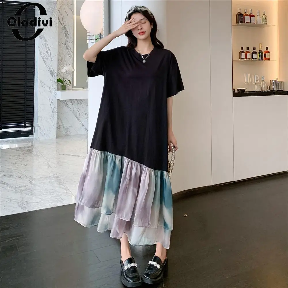 

Oladivi Large Size Women Patchwork Cotton Dress 2023 Summer New Casual Loose Midi Dresses Female Oversized Clothing Tunics 6708