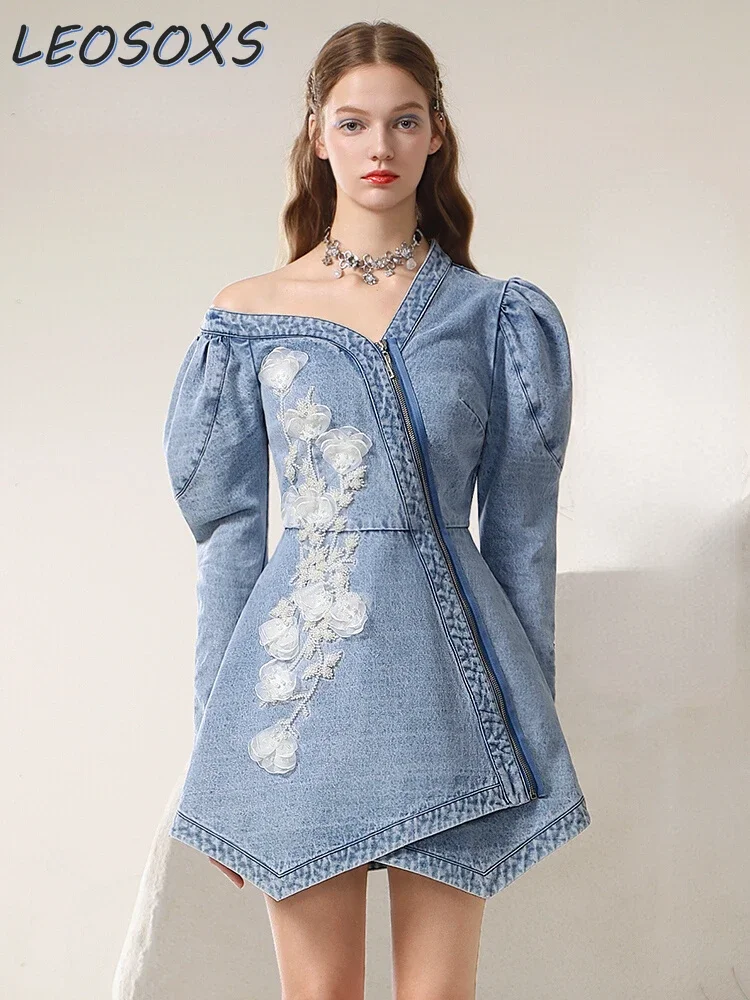 Early Spring 2024 New Irregular Sexy Cold-Shoulder Mesh Flower Famale Dress New Chinese Style Denim A-LINE Women Dresses