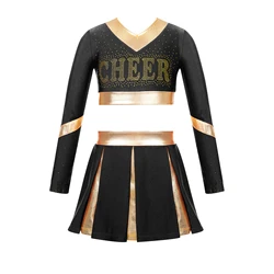Kids Girls Cheerleading Uniform Cheer Dance Performance Outfit Rhinestone Letter Print Long Sleeve Crop Top with Pleated Skirt