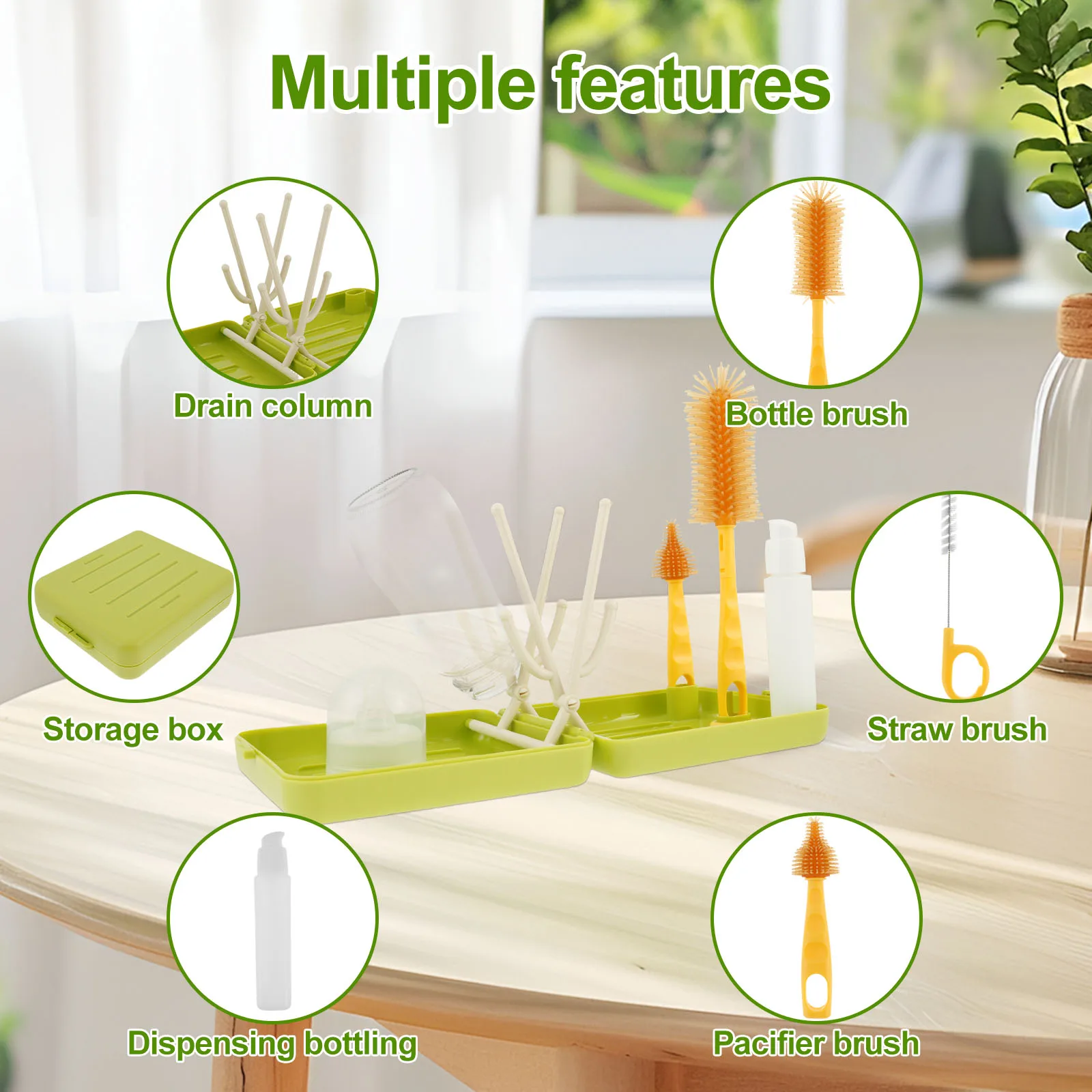 Portable Baby Bottle Brush Set Versatile Bottle Cleaning Tool with Drip Drying Rack Traveling Silicone Bottle Brush Nipple Brush