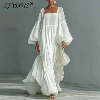 White Bohemian Elegant Flowy Maxi Dress Woman Sexy Square Collar High Waist Long Dresses Spring Lantern Sleeve Loose Party Gowns 1