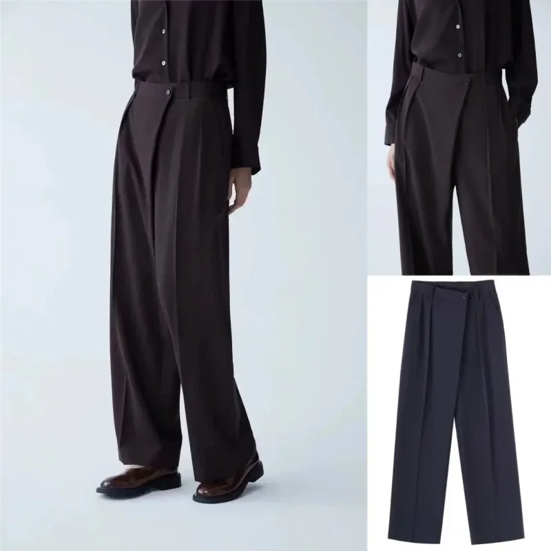 

Casual Pants Women's Asymmetric Front Drop High Waist Straight Tube Loose Wool Blended Long Suit Pants Summer