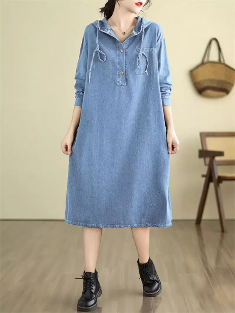 

Женское джинсовое платье с капюшоном, свободное повседневное винтажное платье в стиле ретро, модель K1508 большого размера на весну и осень, 2024