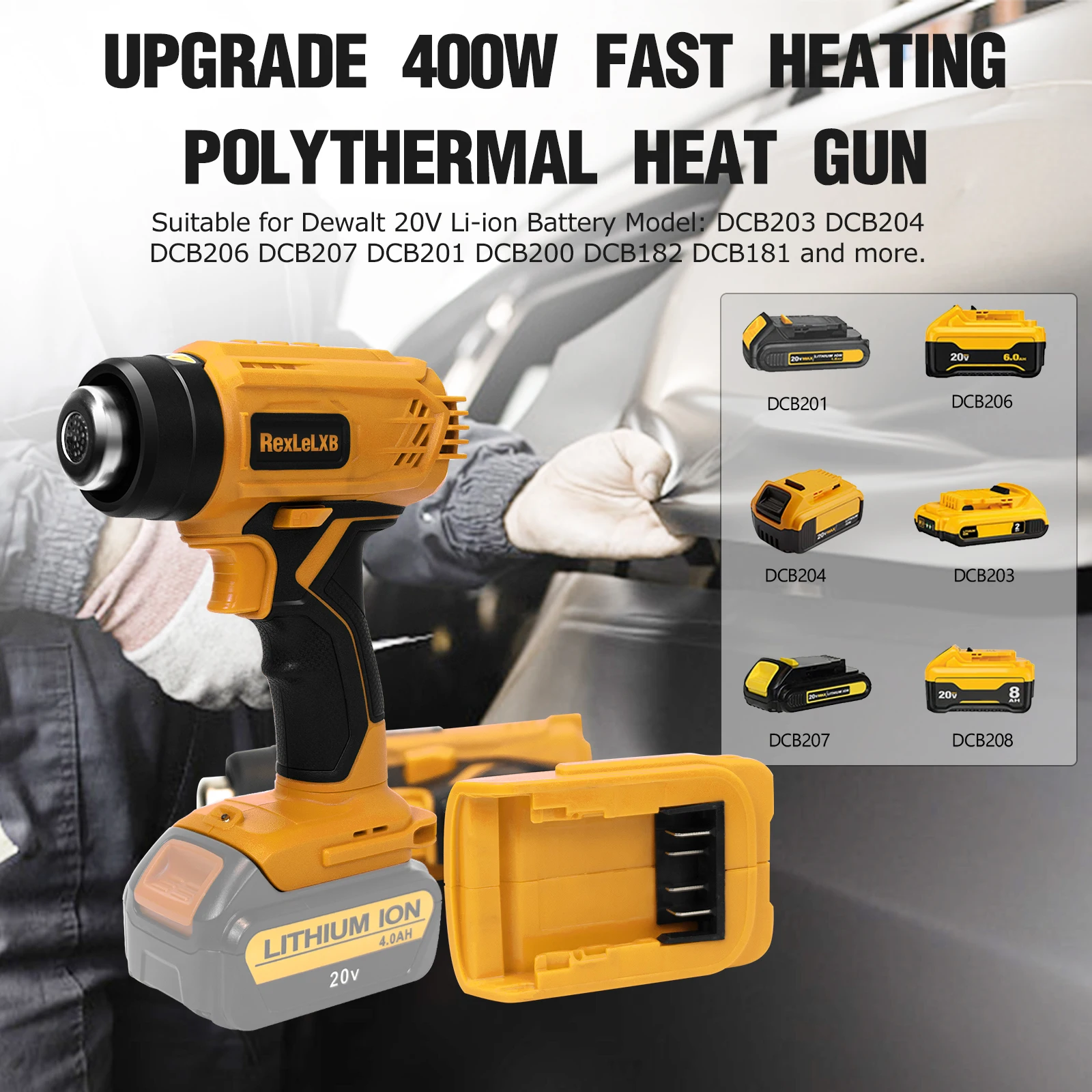 400W Cordless Heat Gun Handheld Electric Hot Air Gun Heat Shrink Wrapping Overload Protection for Dewalt 20V Battery(No Battery) 3