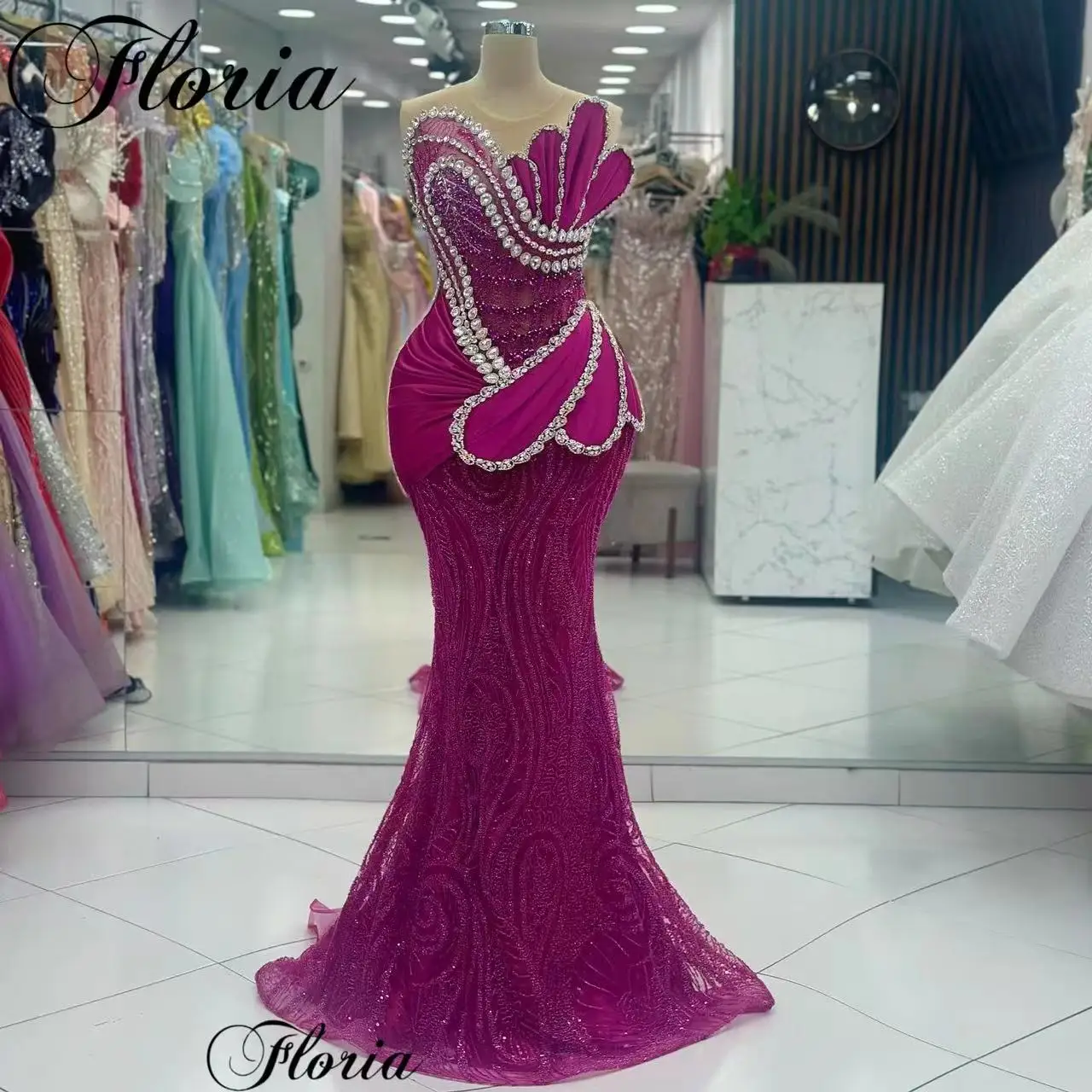 Fuchsia Cocktail Dresses Mermaid Crystals Evening Gowns Grand Party Dresses Custom