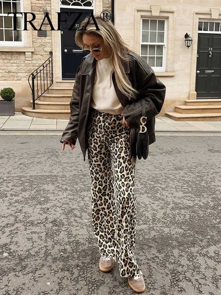 TRAFZA 2024 Women Vintage Leopard Pants Chic Women's High Waist Straight Leg Leopard Print Casual Fashion Spring Trousers