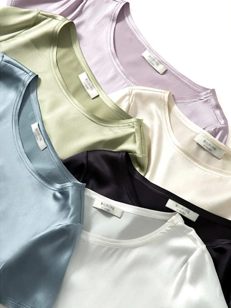 

Birdtree 90% Silk 10% Spandex Tshirts For Women Silk Satin Basic Blouses Short Sleeve Summer Tops One Piece Loose Tees T36561QM