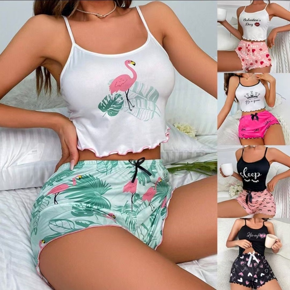 Summer Women's Milk Silk Printed Crown & Flamingo Shorts  Tank Top Two-Piece Set Casual Loungewear Homewear Sleepwear