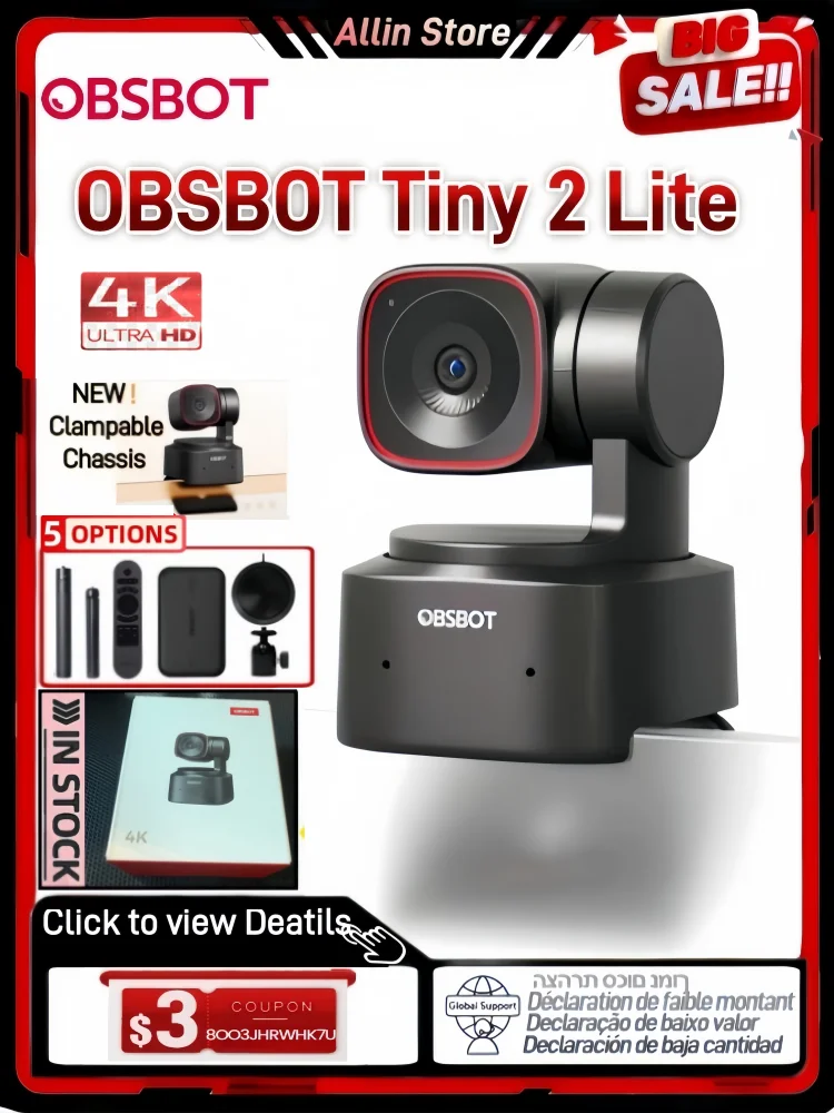 .OBSBOT Tiny 2 Lite PTZ 4K Webcam 1080p@60fps HDR With AI Tracking Privacy Cover Microphone 1/2" Sensor USB2.0 Plug&play