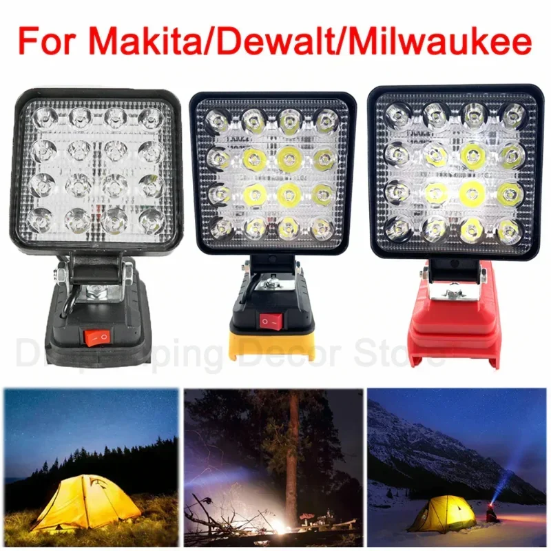 Cordless LED Work Light Flashlight Outdoors Flood Lights Makita DeWalt Milwaukee 18V Lithium Battery Camping Hiking Lighting