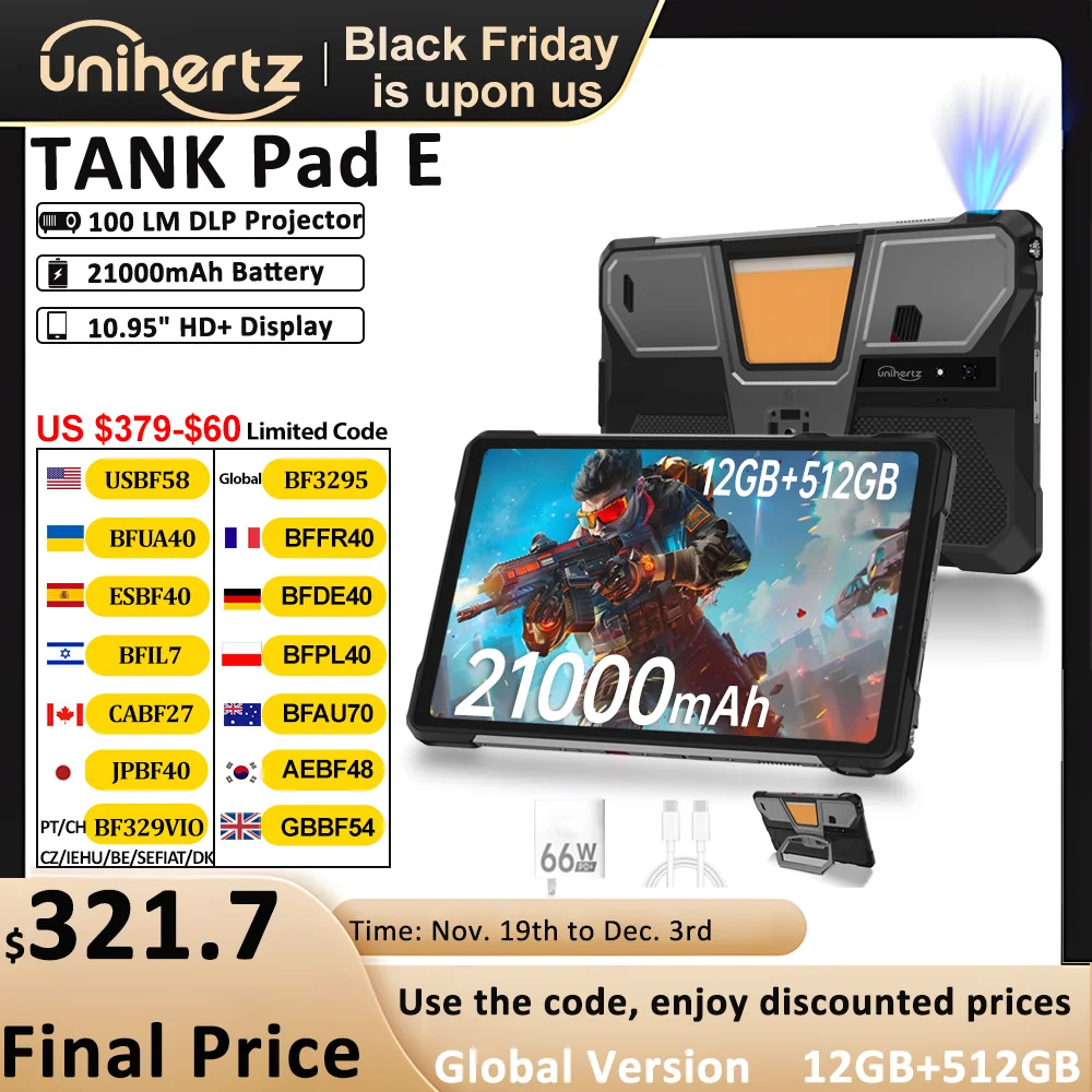 Unihertz 8849 TANK PAD E Rugged Projector Tablet Smartphone 10.95 inch 120Hz 24GB 512GB Phone 21000mAh 32MP+50MP 66W Tablet