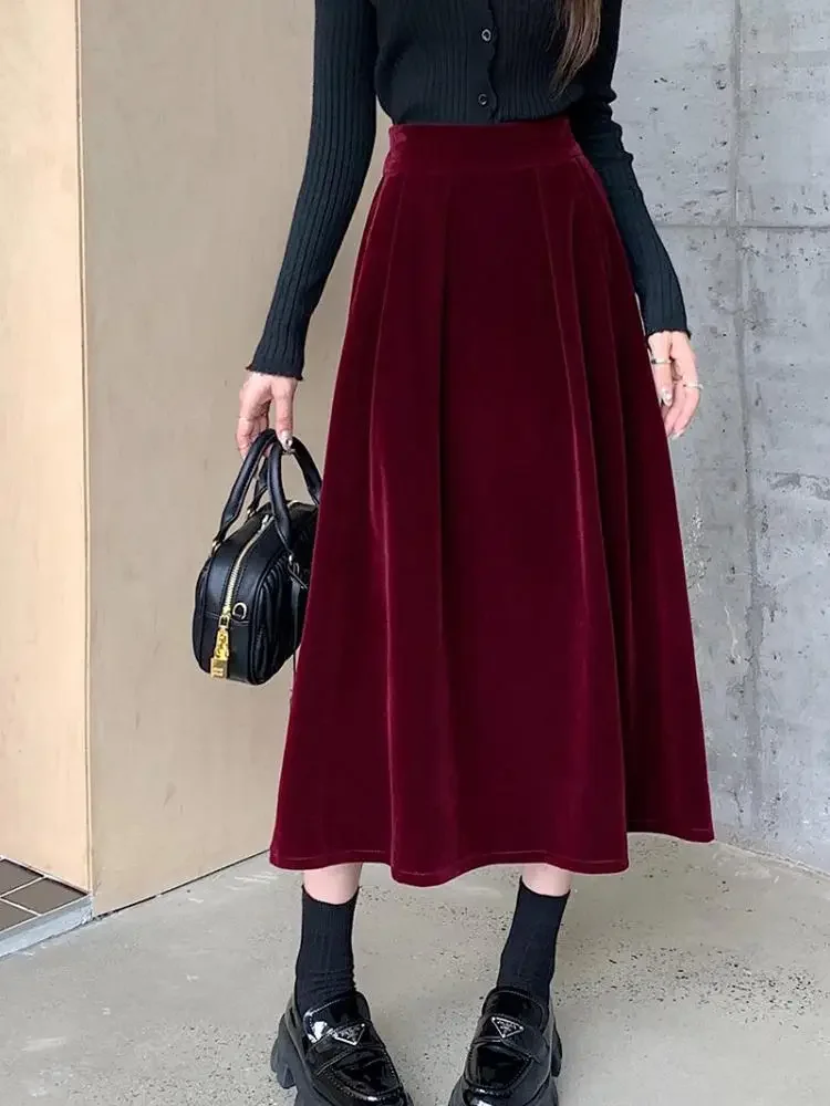 Autumn Winter Warm Vintage Red Elegant Velvet A-line Skirt For