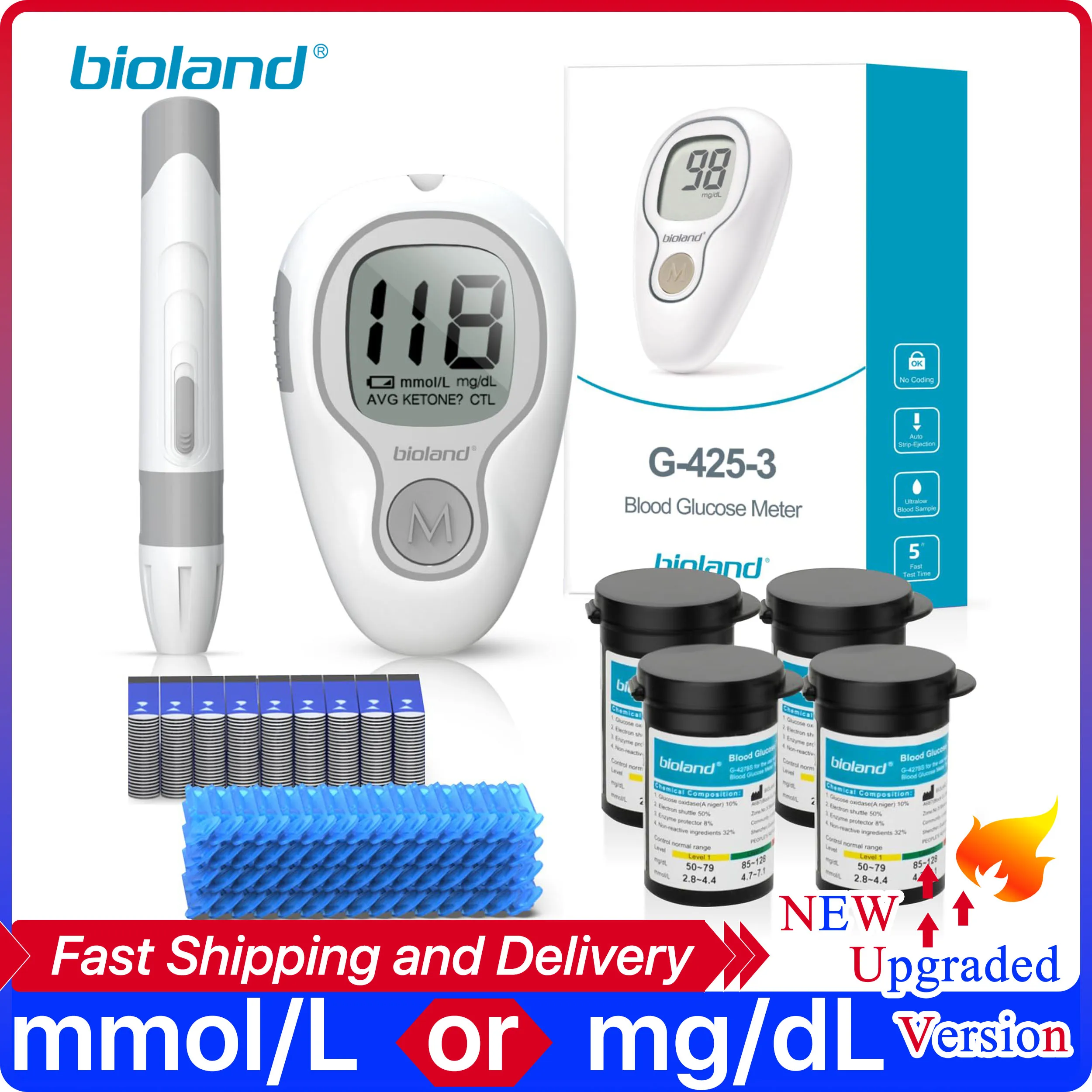 bioland Blood Glucose Meter Glucometer Complete Kit Code Free Diabetes Test 50/100pcs Strips Lancets Medical Blood Sugar mg/mmol - Image 2