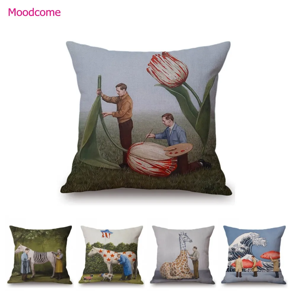 

Смешная картина с юмористическим ироническим изображением жирафа цветов растений из хлопка и льна, винтажная подушка для дивана, декоративная наволочка
