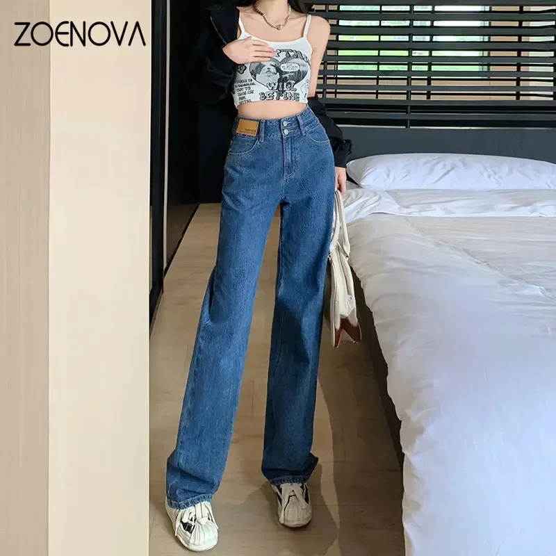 ZOENOVA 여성용 하이 웨이스트 더블 버튼 바지, 가죽 패치 디자인, 루즈 모핑, 롱 와이드 레그 청바지, 패션 2023, 여름 신상