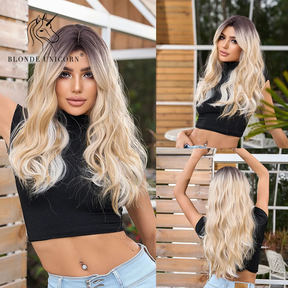 

Blonde Unicorn Synthetic Wig Ombre Brown Blonde Long Wavy Wigs with Bangs Daily Cosplay Party Use Heat Resistant Fiber for Women